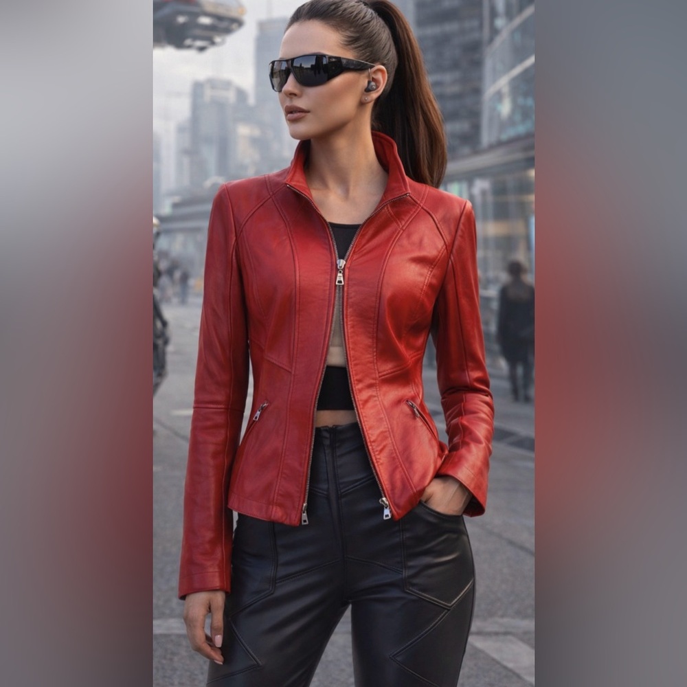 DANIER Red Italian Lamb Leather Moto Jacket - Like New - Small